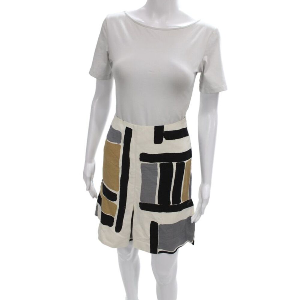 Per Se Women Mini Skirt Beige Geometric 55% Silk Zip Size 0